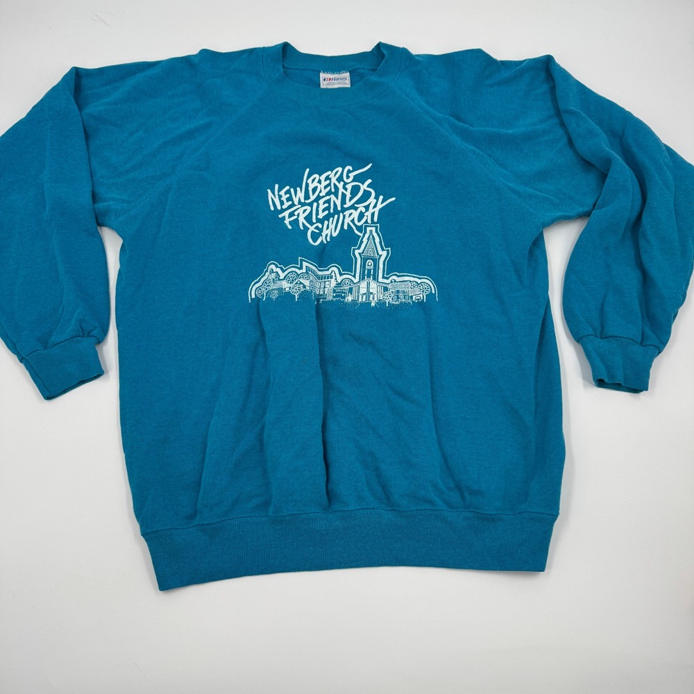 Vintage Hanes Newberg Friends Church Sweatshirt Teal Blue‎ Made in USA Large